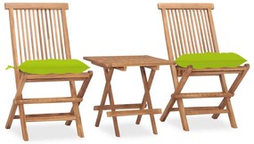 vidaXL 3 pcs conj. jantar dobrável exterior c/ almofadão teca maciça