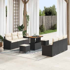 Conjunto de Sofá de Jardim vidaXL 9 Peças com Almofadas de Rattan Preto