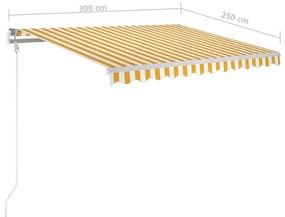 Toldo retrátil manual com postes 3x2,5 m amarelo e branco