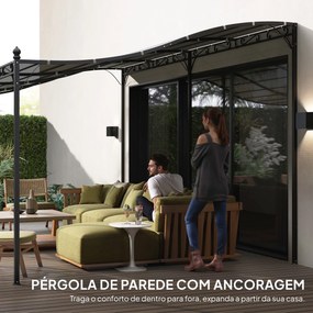 Pérgola de Parede 3x6 m com Telhado Inclinado Orifícios de Drenagem e Estrutura Metálica Cinzento Escuro