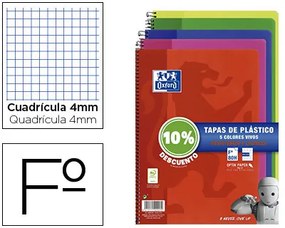 Caderno Espiral Oxford Capa Plástico Folio 80 Folhas Quadricula 4 mm Pack 4+1 Unidades Cores Vivas