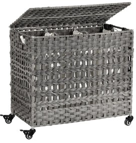 Cesto de roupa suja feito à mão SONGMICS com tampa, cesto de roupa suja estilo rattan com 3 compartimentos separados, alças, forros removíveis, para sala de estar, banheiro, lavanderia, cinza LCB083G02