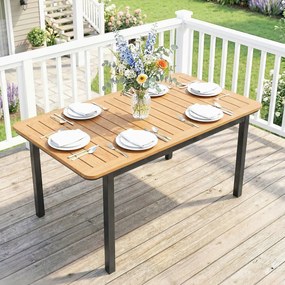 Mesa de jardim retangular para 6 pessoas 127 x 70 cm em madeira composta, com estrutura metálica e tampo de ripas, castanho