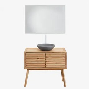 Conjunto De Móvel De Casa De Banho 90x45 Cm Em Madeira Deleyna Madeira Natural & Cimento Cinzento Redondo Ø40 Cm Tarsis & Led - Sklum