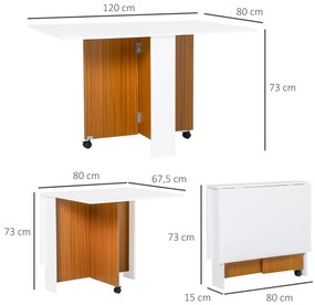 Mesa de Sala de Jantar Dobrável com Rodas Mesa Multifuncional para Sala de Jantar 120x80x73cm Branco e Teca