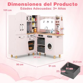 Cozinha de brincar de canto em madeira 96 × 91 × 105 cm com frigorífico de porta dupla, cafeteira, máquina de lavar roupa, 12 acessórios, luzes e sons