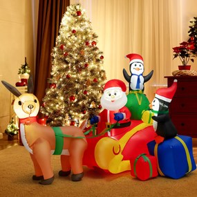 Pai Natal Decoração de Natal Insuflável Conduzindo um trenó de renas com 2 Pinguins Luzes LED e Soprador