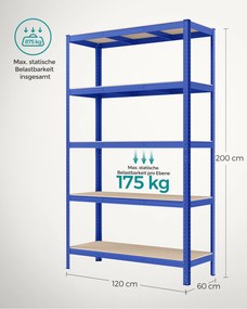 Estante de arrumação garagens, escritório, arrumos com 5 prateleiras em design industrial 60 x 120 x 200 cm Azul