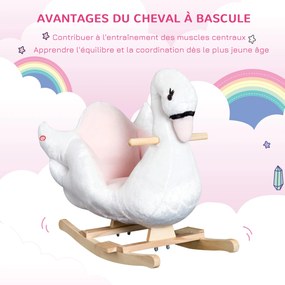Cavalo de baloiço em forma de cisne para crianças a partir dos 18 meses, com função musical e pés em madeira - branco e rosa