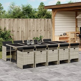 vidaXL 11 pcs conjunto jantar p/ jardim c/ almofadões vime PE cinzento