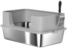 PawHut Caixa de Areia para Gatos em Aço Inoxidável XL Caixa de Areia para Gatos com Borda Alta e Pá 60x40x29,5 cm Cinzento