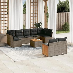 10 pcs conjunto sofás de jardim c/ almofadões vime PE cinzento