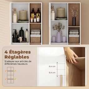 Móvel de casa de banho 62,5 L x 35 P x 176 A cm, móvel de arrumação, 2 portas, 4 compartimentos abertos e prateleiras ajustáveis, branco e natural