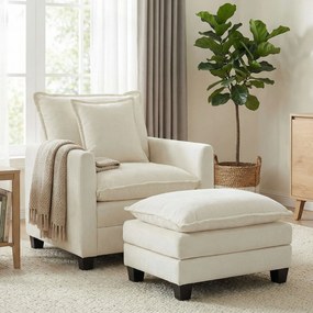 Poltrona de sala com apoio para os pés, sofá de 1 lugar em chenille, assento largo, estofamento de dupla camada, 85x128x86 cm, creme