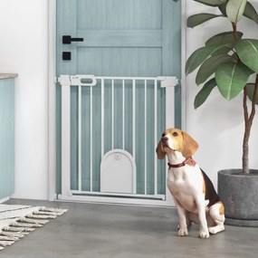 Barreira de segurança para animais com porta de fecho automático e sistema de duplo bloqueio, em aço branco