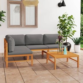 vidaXL 5 pcs conj. lounge jardim c/ almofadões cinzentos teca maciça