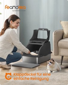 Caixa de areia em aço inoxidável com pá e escova para gatos grandes  61 x 41 x 36,5 cm Preto