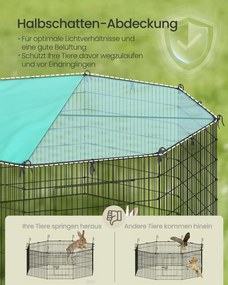 Parque para pequenos animais com cobertura, 8 placas de grelha, 175 x 175 x 80 cm, preto