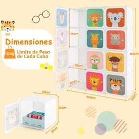 Armário portátil para crianças com 12 cubos e 2 secções 109 x 37 x 145 cm para brinquedos Branco