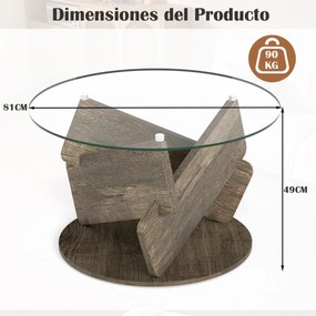 Mesa de centro redonda de cristal  moderna de 81 cm com tampo em vidro temperado transparente, pés em madeira maciça cinzenta
