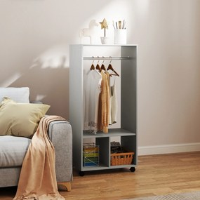 Guarda roupa aberto com prateleiras 60 x 40 x 128 cm, 2 compartimentos abertos para cabides, 4 rodas giratórias, cinzento