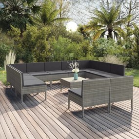 vidaXL 12 pcs conjunto lounge de jardim c/ almofadões vime PE cinzento