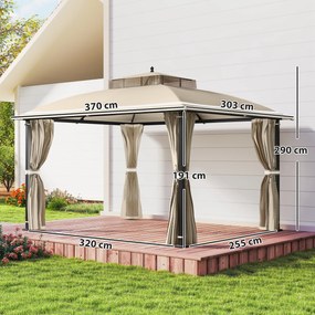 Pérgola de Jardim 370x303x290 cm com Telhado Duplo Cortinas Laterais e Mosquiteiras Resistente à Água e Anti-UV Bege