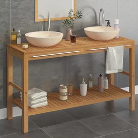 vidaXL Armário de casa de banho teca maciça + lavatórios mármore creme