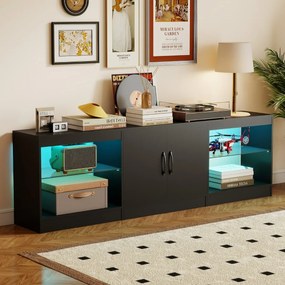 Móvel para TV até 85" com 195 x 30 x 55 cm de  3 em 1 com luzes LED e prateleiras de vidro ajustáveis Preto