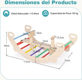 Brinquedo de trepar para crianças em madeira para interior 4 em 1 com arco de trepar, baloiço, túnel de gatinhar, encosto e assento lisos Multicolorid
