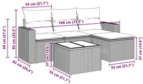 5 pcs conj. sofás jardim c/ almofadões vime PE cinzento-claro