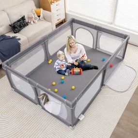 Parque para bebés 206 x 147 x 68,5 cm com rede respirável, bolsa de transporte, 50 bolas oceânicas e porta com fecho de correr – Cinzento