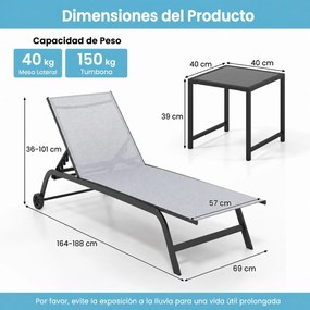 Conjunto de 2 Peças, Espreguiçadeira de Exterior e Mesa Auxiliar, 188-164 x 69 x 36-101 cm, Encosto Regulável em Seis Posições, Cinzento