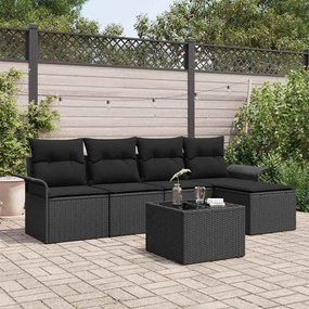 vidaXL Conjunto de Sofá de Jardim de 6 Peças com Almofadas de Rattan Preto