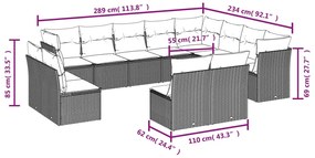 12 pcs conj. sofás jardim com almofadões vime PE cinzento-claro