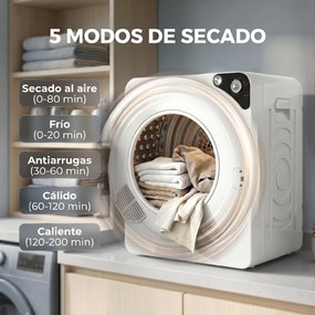 Máquina de Secar Roupa Compacta 5 kg 1000W com 5 Modos de Secagem Tambor em Aço Inoxidável Branco