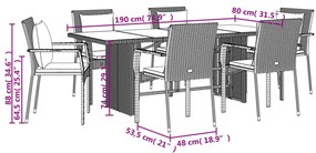 7 pcs conjunto de jantar p/ jardim c/ almofadões vime PE preto