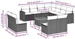 12 pcs conjunto de sofás p/ jardim com almofadões vime PE bege