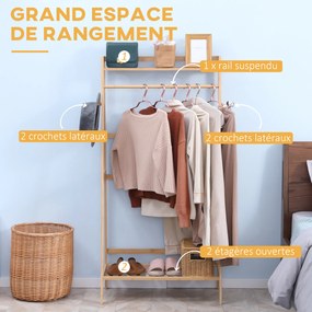 Guarda roupa com 2 prateleiras, 2 ganchos e 1 barra de suspensão em bambu - 82 x 36,8 x 140 cm