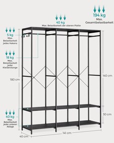 Guarda Roupa aberto com ganchos amovíveis 40 x 141 x 180 cm preto