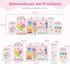 Painel de atividades para crianças Quadro sensorial Montessori de madeira 11 em 1 para a educação e o desenvolvimento precoce Rosa