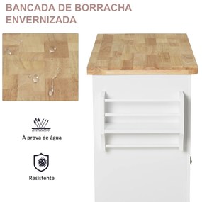 Ilha de Cozinha com Rodas Móvel Auxiliar de Cozinha com 2 Gavetas 4 Portas Suporte para Temperos e Barra Lateral 111x44,5x82,5cm Branco e Madeira