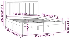 Estrutura de cama 5FT King 150x200 cm pinho maciço cinzento