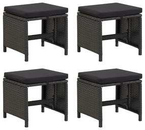 Bancos de jardim 4 pcs com almofadões vime PE preto