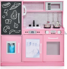 Cozinha de brincar para crianças 82 x 24 x 80 cm com quadro negro, telefone e sons simulados, vários acessórios de madeira, para idades entre 3 e 6 an