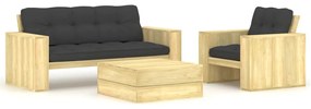 vidaXL 3 pcs conjunto lounge de jardim com almofadões pinho impregnado