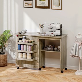 Mesa de costura dobrável 59 L x 40 P x 79,5 A cm (dobrado), móvel de costura com aba, com caixas de arrumação, prateleira aberta e rodas com efeito de