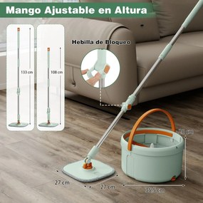 Conjunto de esfregona e balde com escorredor para pisos lisos com 8 panos de microfibra laváveis, esfregona para limpar paredes, mãos livres, verde