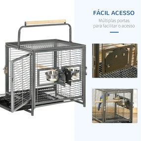Gaiola para Pássaros Portátil com 2 Poleiros de Madeira Comedouros de Aço Inoxidável e Bandeja Amovível 48x38x47,8 cm Preto