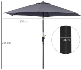 Outsunny Chapéu de Sol de Jardim Ø270x235cm Chapéu de Sol de Alumínio Reclinável com Manivela e 6 Hastes para Terraço Exterior Balcão Cinza